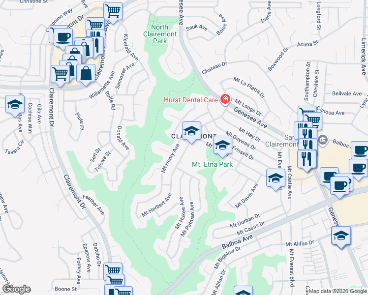 map of restaurants, bars, coffee shops, grocery stores, and more near 4428 Mount Herbert Avenue in San Diego