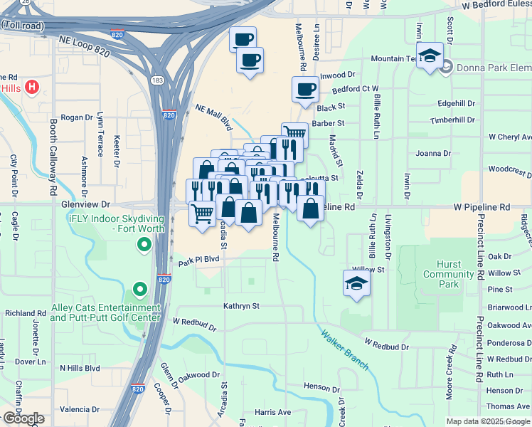 map of restaurants, bars, coffee shops, grocery stores, and more near 1301 West Pipeline Road in Hurst