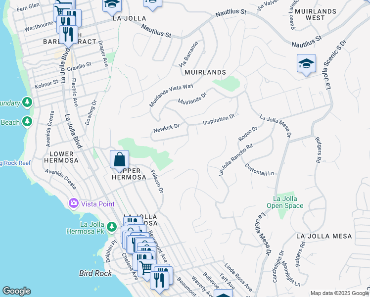 map of restaurants, bars, coffee shops, grocery stores, and more near 6125 Terryhill Drive in San Diego