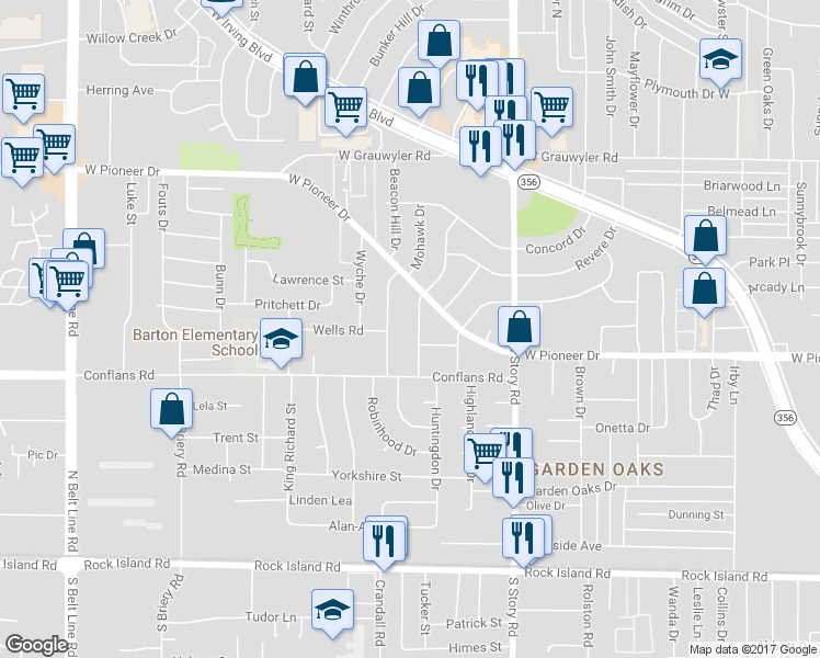 map of restaurants, bars, coffee shops, grocery stores, and more near 622 Beacon Hill Drive in Irving