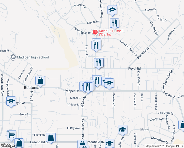 map of restaurants, bars, coffee shops, grocery stores, and more near 8022 Winter Gardens Boulevard in El Cajon