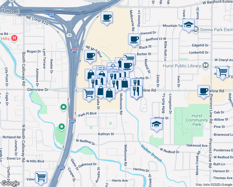map of restaurants, bars, coffee shops, grocery stores, and more near 1301 W Pipeline Rd in Hurst