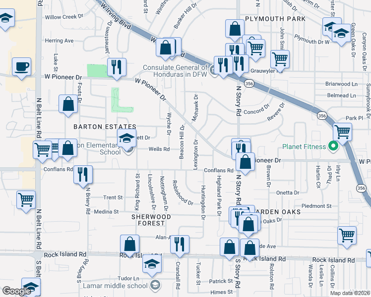 map of restaurants, bars, coffee shops, grocery stores, and more near 622 Beacon Hill Drive in Irving