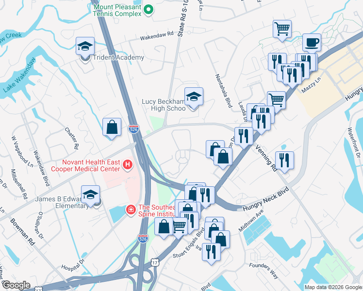 map of restaurants, bars, coffee shops, grocery stores, and more near 1612 Chatelain Way in Mount Pleasant
