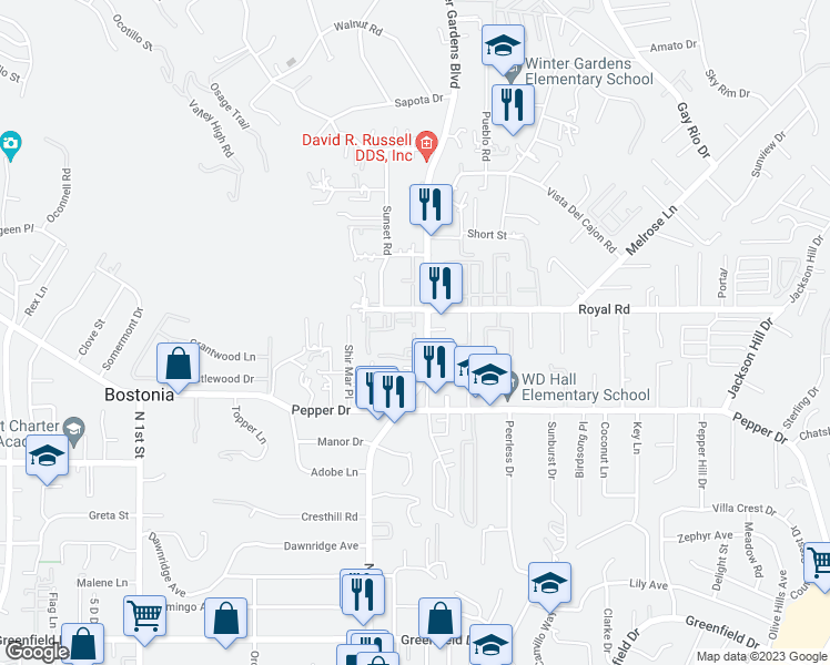 map of restaurants, bars, coffee shops, grocery stores, and more near 8020 Winter Gardens Boulevard in El Cajon