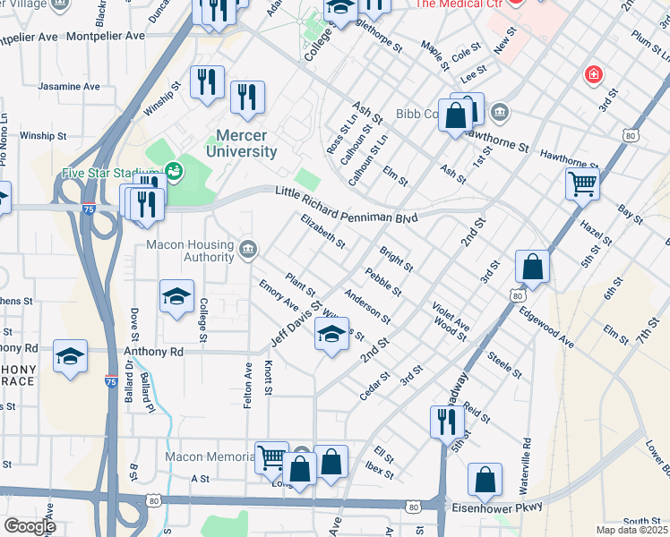map of restaurants, bars, coffee shops, grocery stores, and more near 840 Henrietta Street in Macon