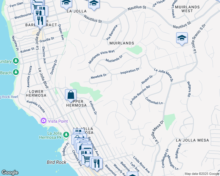 map of restaurants, bars, coffee shops, grocery stores, and more near 6125 Terryhill Drive in San Diego