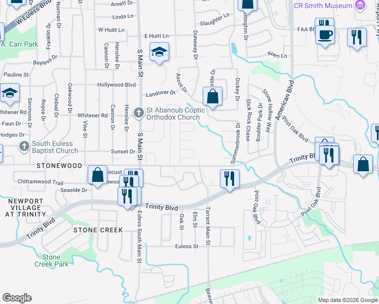 map of restaurants, bars, coffee shops, grocery stores, and more near 7 Kenneth Drive in Euless