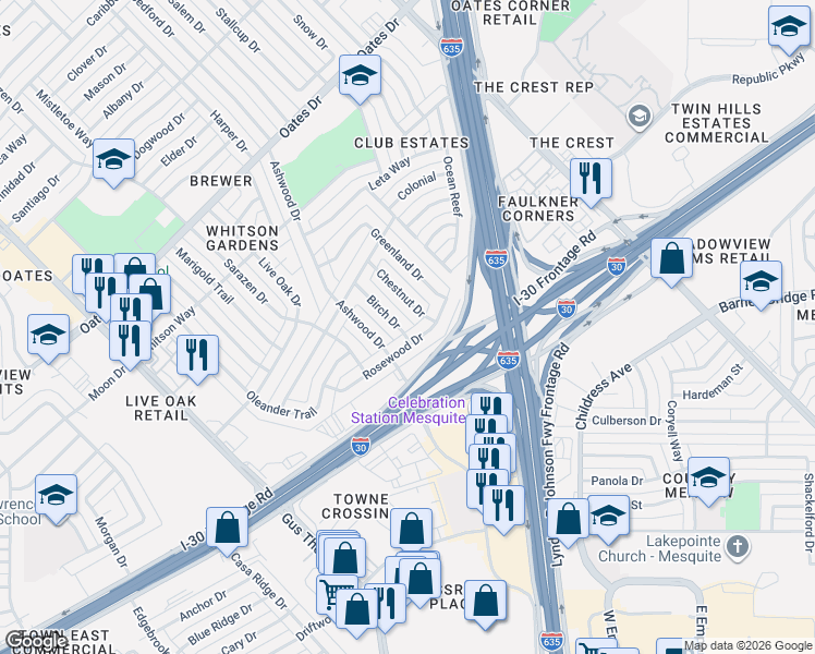 map of restaurants, bars, coffee shops, grocery stores, and more near 4311 Birch Drive in Mesquite