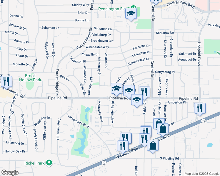 map of restaurants, bars, coffee shops, grocery stores, and more near 1619 West Pipeline Road in Bedford