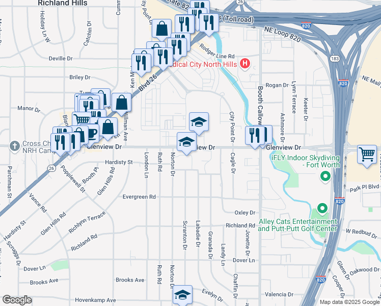 map of restaurants, bars, coffee shops, grocery stores, and more near 7400 Glenview Drive in Richland Hills
