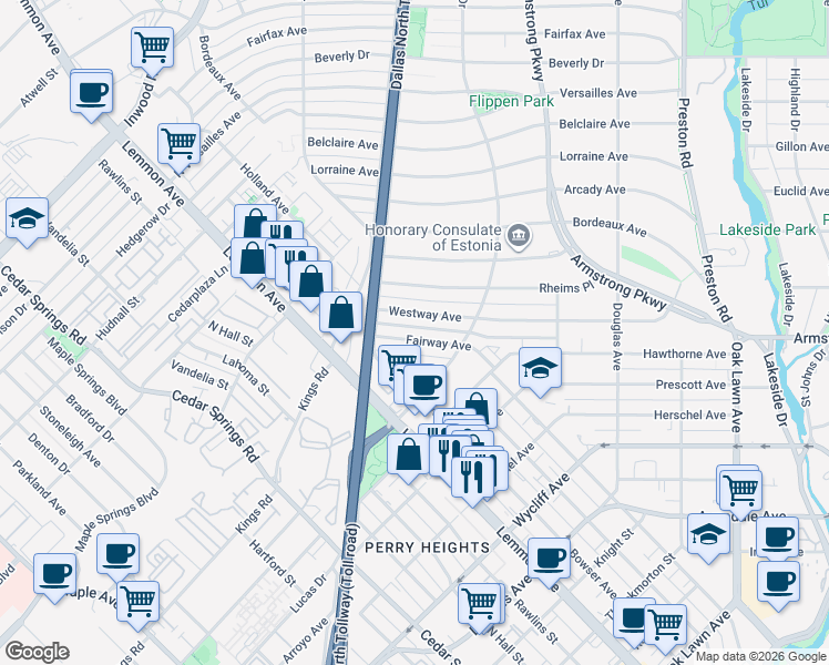 map of restaurants, bars, coffee shops, grocery stores, and more near 4521 Fairway Avenue in Dallas