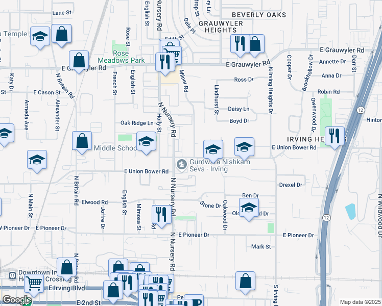 map of restaurants, bars, coffee shops, grocery stores, and more near 1077 East Union Bower Road in Irving