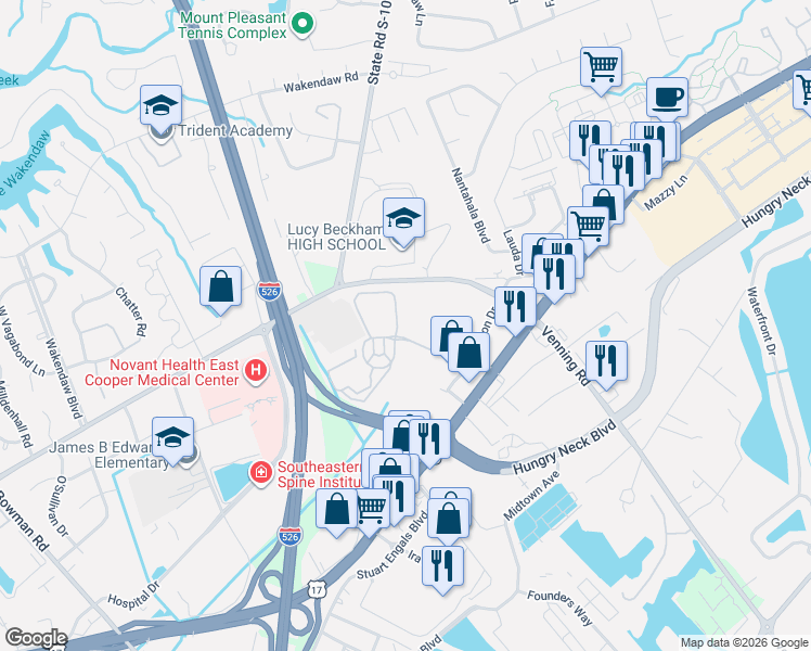 map of restaurants, bars, coffee shops, grocery stores, and more near 1731 Chatelain Way in Mount Pleasant