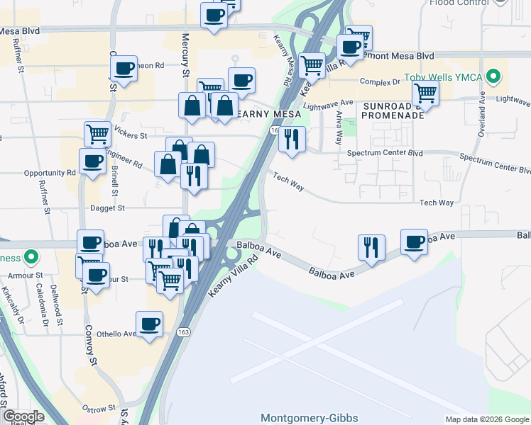 map of restaurants, bars, coffee shops, grocery stores, and more near 8315 Century Park Court in San Diego