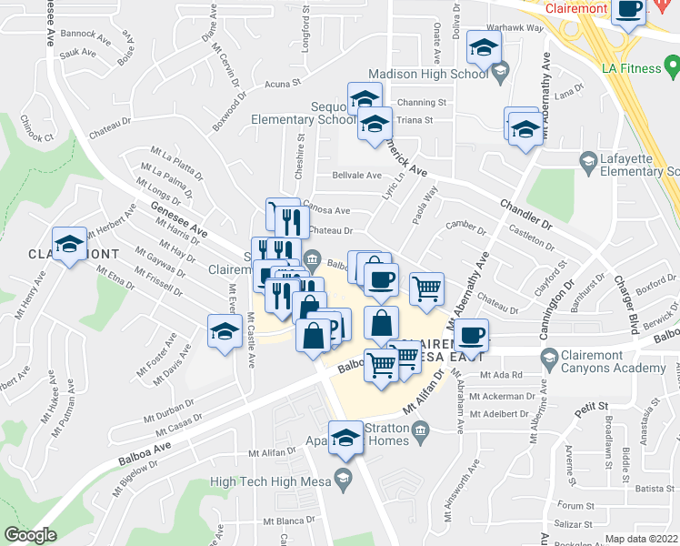 map of restaurants, bars, coffee shops, grocery stores, and more near 28 in San Diego