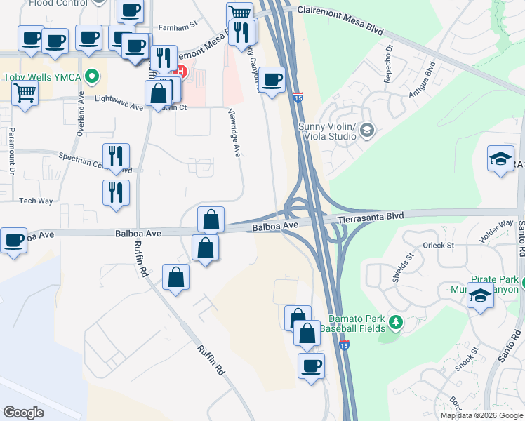 map of restaurants, bars, coffee shops, grocery stores, and more near 4719 Viewridge Avenue in San Diego