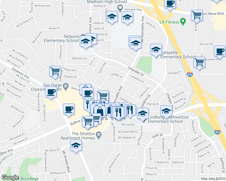 map of restaurants, bars, coffee shops, grocery stores, and more near 5744 Chateau Drive in San Diego