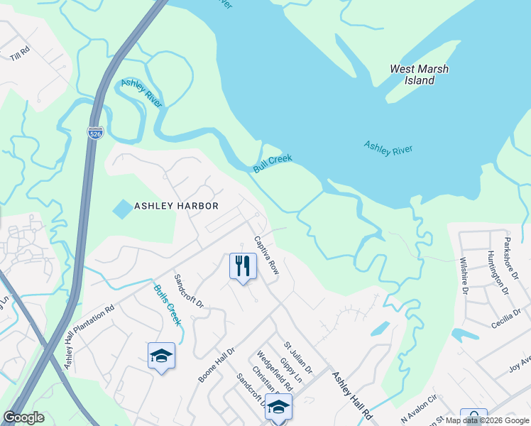 map of restaurants, bars, coffee shops, grocery stores, and more near 178 Ashley Hall Plantation Road in Charleston