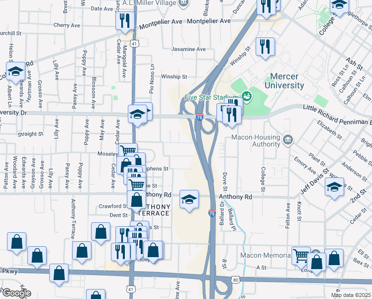 map of restaurants, bars, coffee shops, grocery stores, and more near 1850 Fletcher Street in Macon