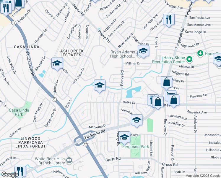 map of restaurants, bars, coffee shops, grocery stores, and more near 2520 Beechmont Drive in Dallas