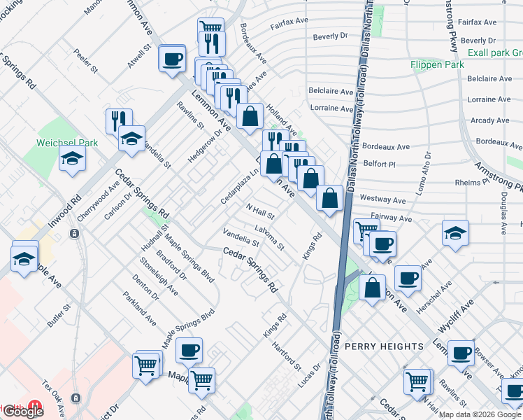map of restaurants, bars, coffee shops, grocery stores, and more near 5123 North Hall Street in Dallas