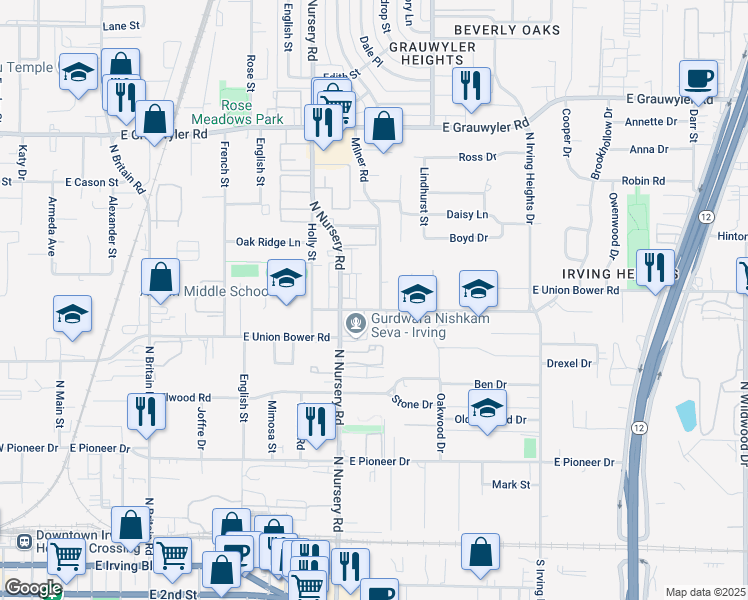 map of restaurants, bars, coffee shops, grocery stores, and more near 1077 East Union Bower Road in Irving