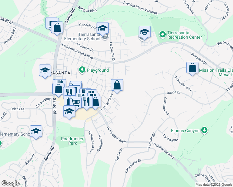 map of restaurants, bars, coffee shops, grocery stores, and more near 5071 La Cuenta Drive in San Diego