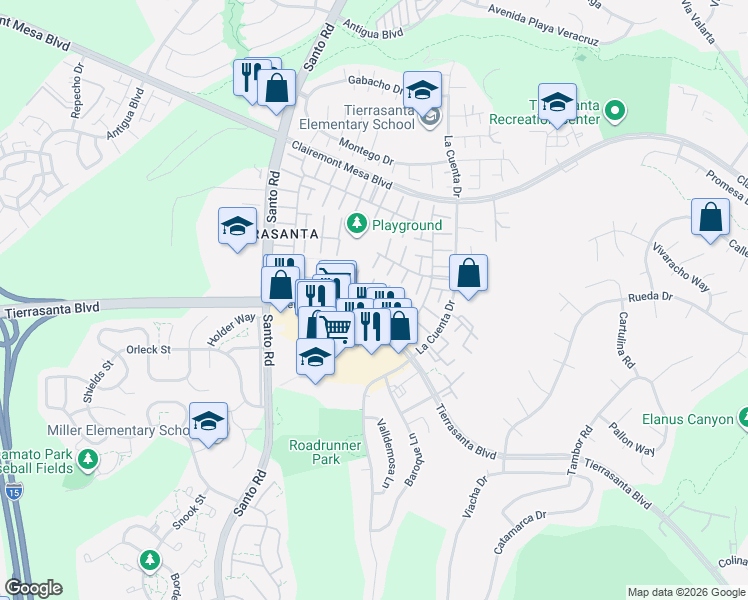 map of restaurants, bars, coffee shops, grocery stores, and more near 10771 Escobar Drive in San Diego