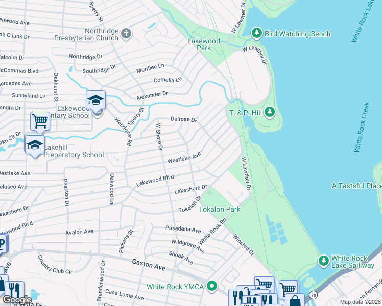 map of restaurants, bars, coffee shops, grocery stores, and more near 7040 Westlake Avenue in Dallas