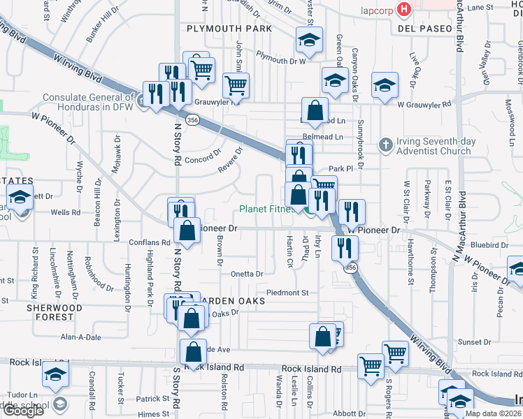 map of restaurants, bars, coffee shops, grocery stores, and more near 715 West Tanglewood Drive in Irving