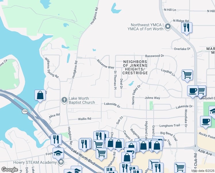 map of restaurants, bars, coffee shops, grocery stores, and more near 4720 Homelands Way in Fort Worth