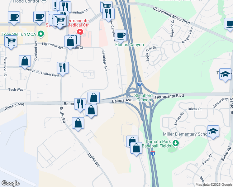 map of restaurants, bars, coffee shops, grocery stores, and more near 4719 Viewridge Avenue in San Diego