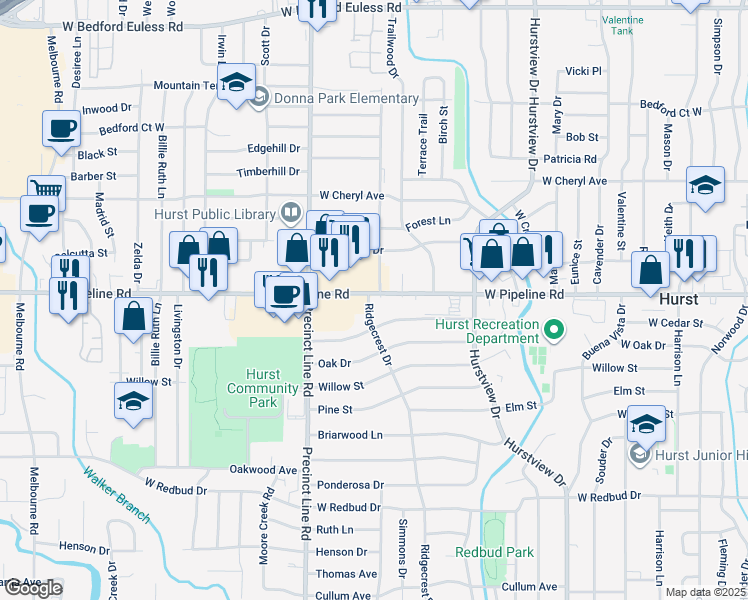 map of restaurants, bars, coffee shops, grocery stores, and more near 752 Ridgecrest Drive in Hurst