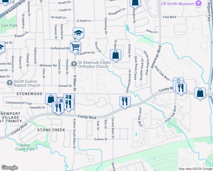 map of restaurants, bars, coffee shops, grocery stores, and more near 403 South Pipeline Road East in Euless