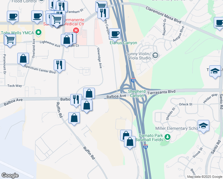 map of restaurants, bars, coffee shops, grocery stores, and more near 4719 Viewridge Avenue in San Diego