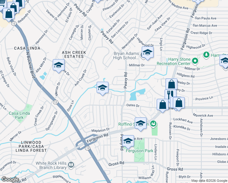 map of restaurants, bars, coffee shops, grocery stores, and more near 2520 Beechmont Drive in Dallas