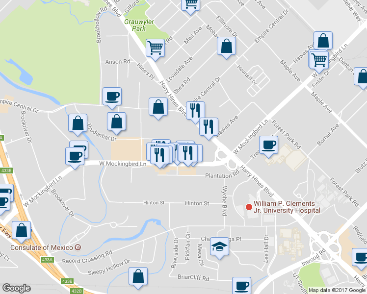 map of restaurants, bars, coffee shops, grocery stores, and more near 1803 West Mockingbird Lane in Dallas