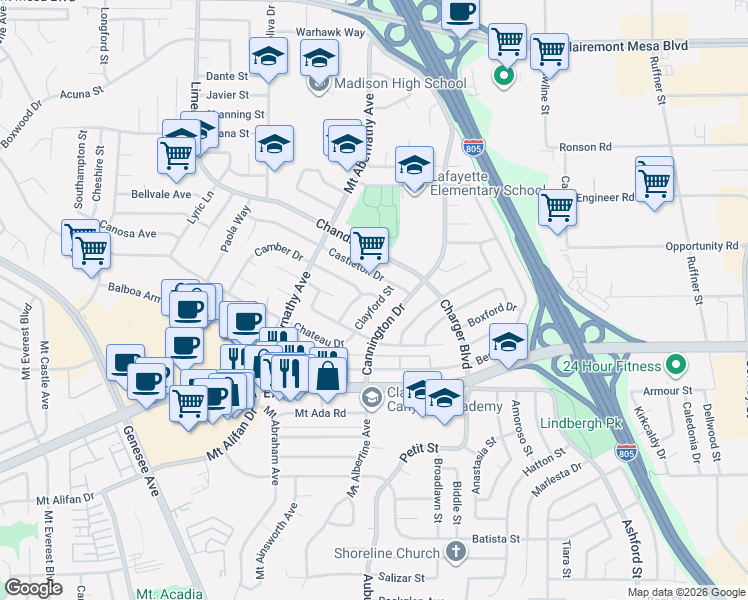 map of restaurants, bars, coffee shops, grocery stores, and more near 4398 Clayford Street in San Diego
