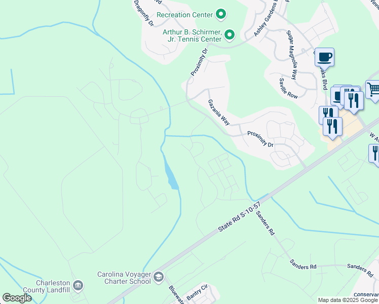 map of restaurants, bars, coffee shops, grocery stores, and more near 127 Claret Cup Way in Charleston