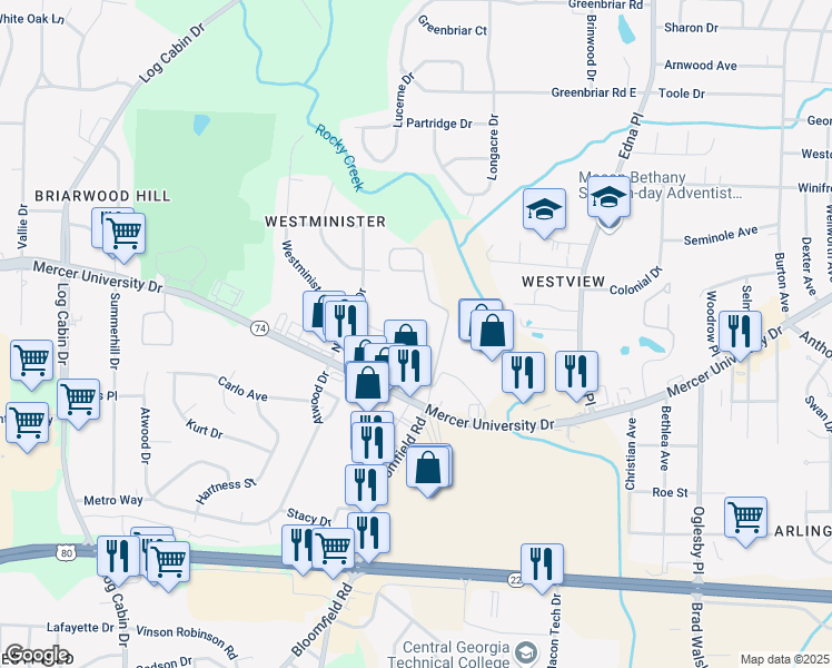 map of restaurants, bars, coffee shops, grocery stores, and more near 3645 Mercer University Drive in Macon