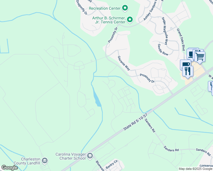 map of restaurants, bars, coffee shops, grocery stores, and more near 127 Claret Cup Way in Charleston
