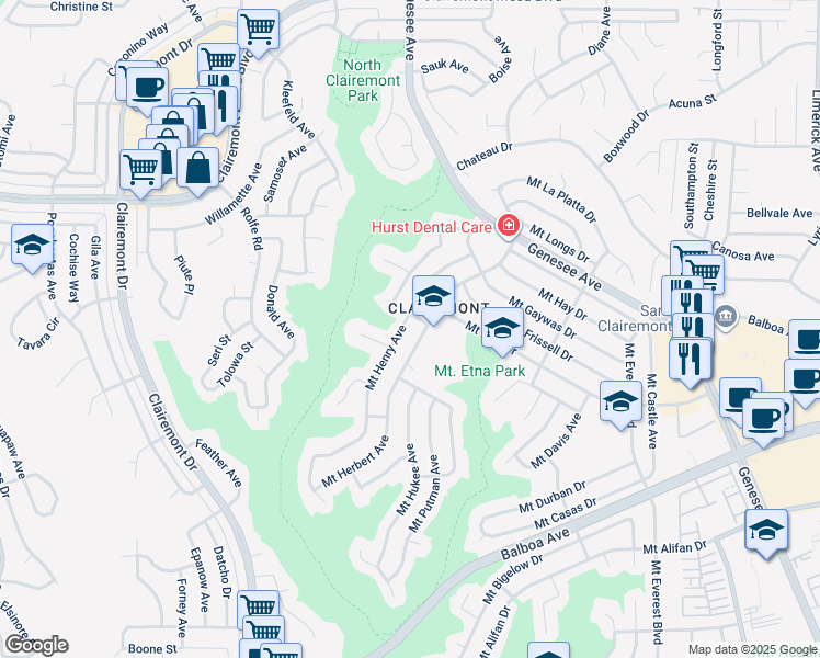 map of restaurants, bars, coffee shops, grocery stores, and more near 4425 Mount Henry Avenue in San Diego
