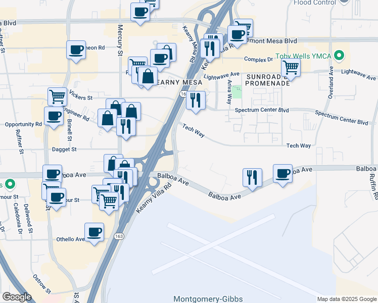 map of restaurants, bars, coffee shops, grocery stores, and more near 8330 Century Park Court in San Diego