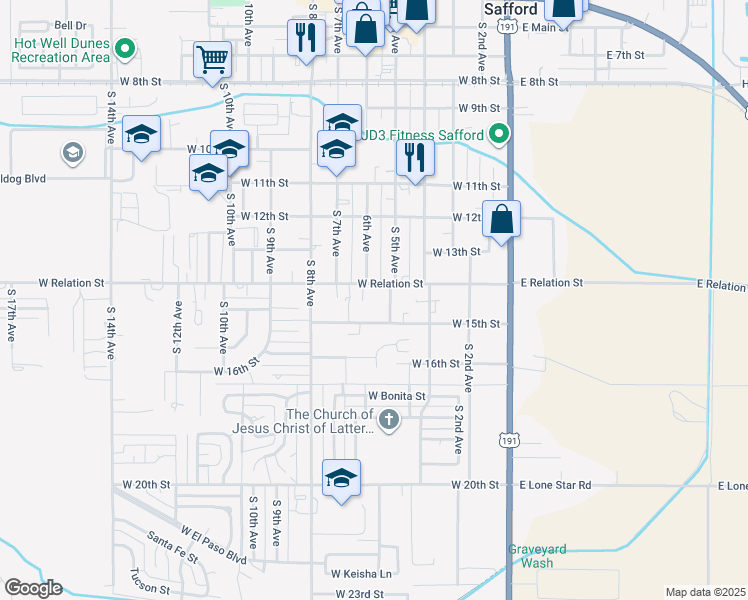 map of restaurants, bars, coffee shops, grocery stores, and more near 1420 South 5th Avenue in Safford