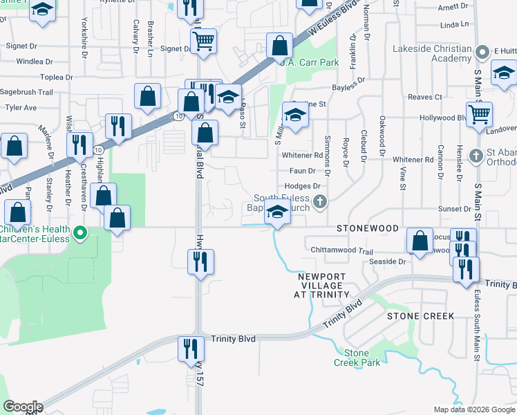 map of restaurants, bars, coffee shops, grocery stores, and more near 1101 Deedee Creek Drive in Euless