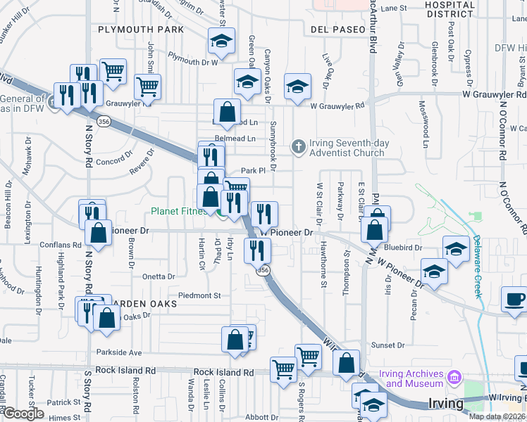 map of restaurants, bars, coffee shops, grocery stores, and more near 1717 West Irving Boulevard in Irving