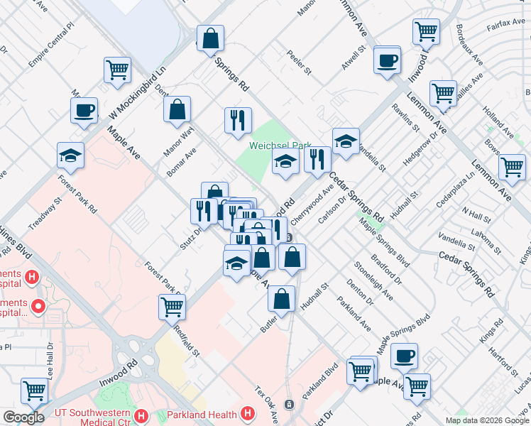 map of restaurants, bars, coffee shops, grocery stores, and more near 2603 Inwood Road in Dallas