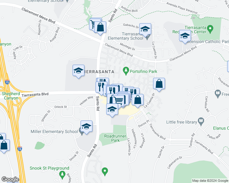 map of restaurants, bars, coffee shops, grocery stores, and more near 10663 Escobar Drive in San Diego