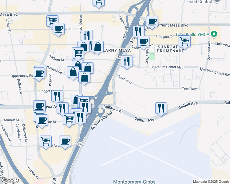 map of restaurants, bars, coffee shops, grocery stores, and more near 8316 Century Park Court in San Diego
